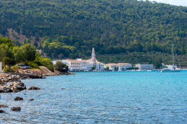 Panormitis 'teki manastır. Symi Dodecanese Adası. Ege Denizi adaları. Yunanistan Avrupa