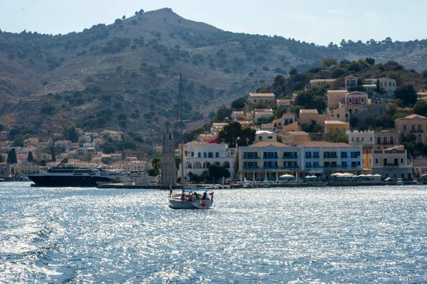 View Beautiful Bay Colorful Houses Hillside Island Symi Greece — Stock Photo, Image