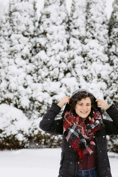Woman Hood Red Scarf Smiling Laughing Snowy Day — Stock Photo, Image