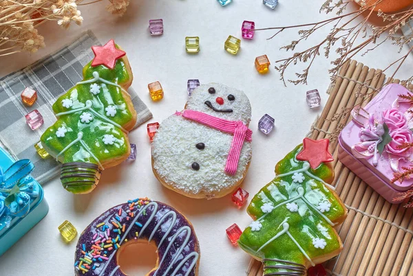 Postre Merienda Tema Navidad Suelo Blanco —  Fotos de Stock