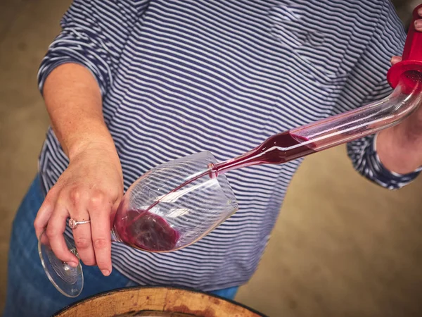 Winemaker Samples Barrel Using Wine Thief — Fotografia de Stock