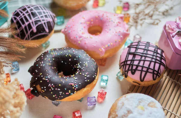 Various Colors Taste Glazed Donuts Table — Stock Photo, Image