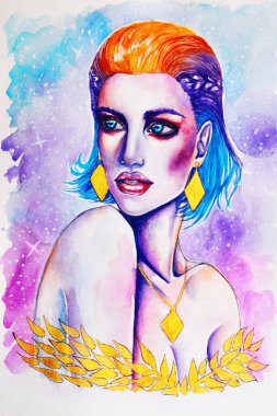 Sulu boyalı güzel bir kız beyaz bir arka plana boya çizmiş.