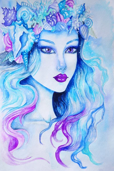 Schönes Mädchen Mit Blumen Aquarellmalerei — Stockfoto