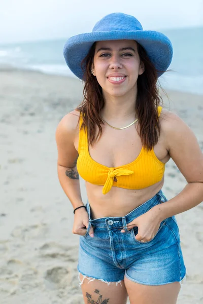 Portrait Young Woman Beach Blue Hat Shorts Bathing Suit — 图库照片