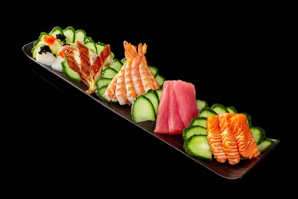 Delicious Sashimi Set Raw Salmon Tuna Slices Grilled Unagi Eel — Stock Photo, Image