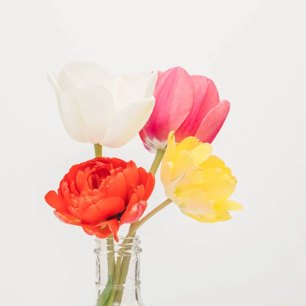 Colorful Spring Tulips Clear Vase — Stock Photo, Image