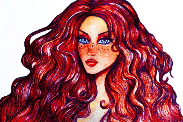 Kızıl Saçlı Kız Suluboya Çizimi — Stok fotoğraf