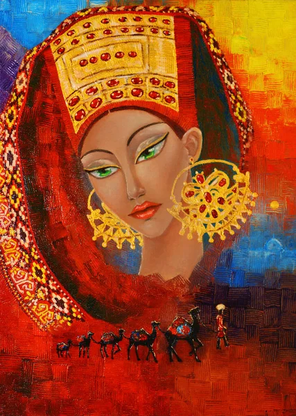 Żonaty Turkmen Kobieta Oil Painting — Zdjęcie stockowe