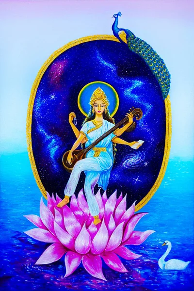 Sarasvati Goddess Beautiful Oil Painting — Stock Photo, Image