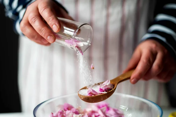 Woman Making Pink Rose Petal Jam Kitchen — стоковое фото