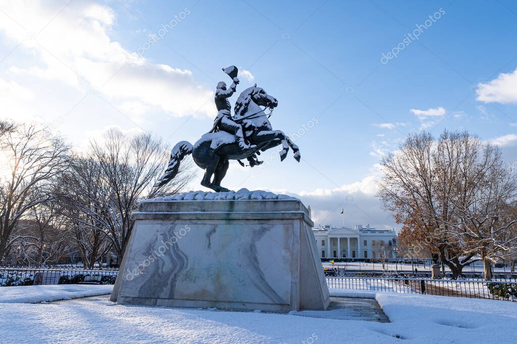 Andrew Jackson Statue in Lafayette Square Covered In Snow