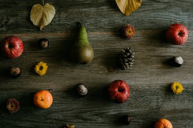 Meyve Yaprakları Çam Kozalakları ve Çiçekler Izgara Düz Yatar