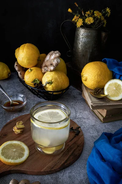 Chá Gengibre Limão Mel Natureza Morta Fotografia Chave Baixa — Fotografia de Stock