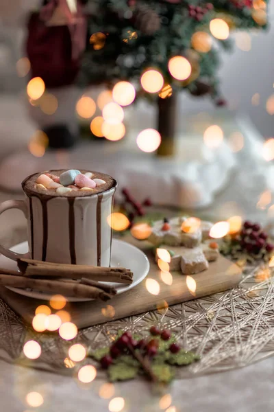 Cacau Chocolate Quente Delicioso Com Biscoitos Marshmallows Canela — Fotografia de Stock