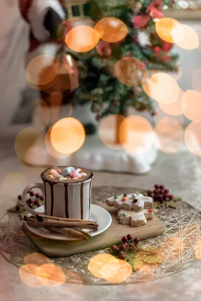 Cacau Chocolate Quente Com Marshmallow Colorido Conceito Natal Inverno — Fotografia de Stock