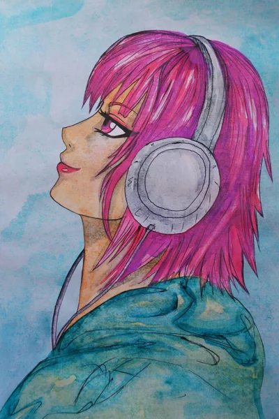 Anime Dziewczyna Słuchawkami Akwarela Ilustracja — Zdjęcie stockowe