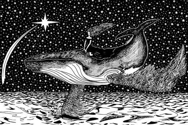 Fille Volant Sur Encre Baleine Illustration — Photo