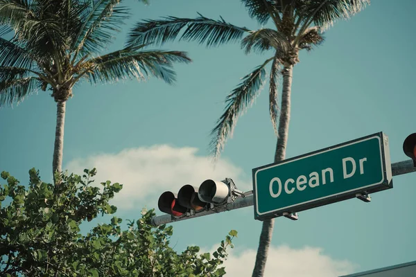 Уличный Знак Ocean Drive Miami Breach Пальмами Небом — стоковое фото