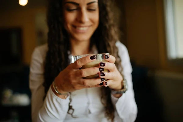 Young Business Woman Holding Glass Hot Coffee Closeup — Stock Photo, Image