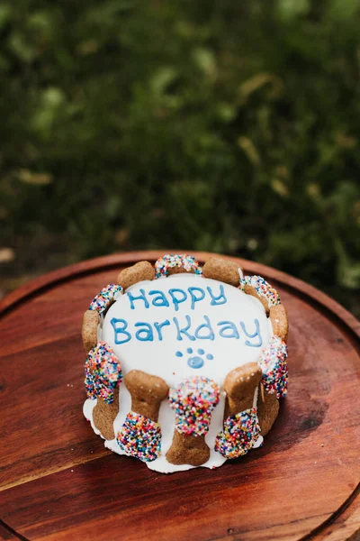 Szczęśliwy Barkday Ciasto Dla Psa Zewnątrz Stoisku Ciasto Lecie — Zdjęcie stockowe
