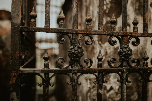 wrought iron fence and rusty steel gates