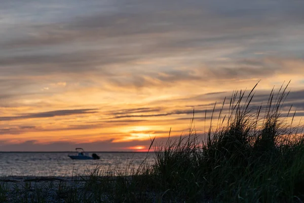 Silhouette Herbe Plage Pendant Coucher Soleil Sur Nantucket — Photo