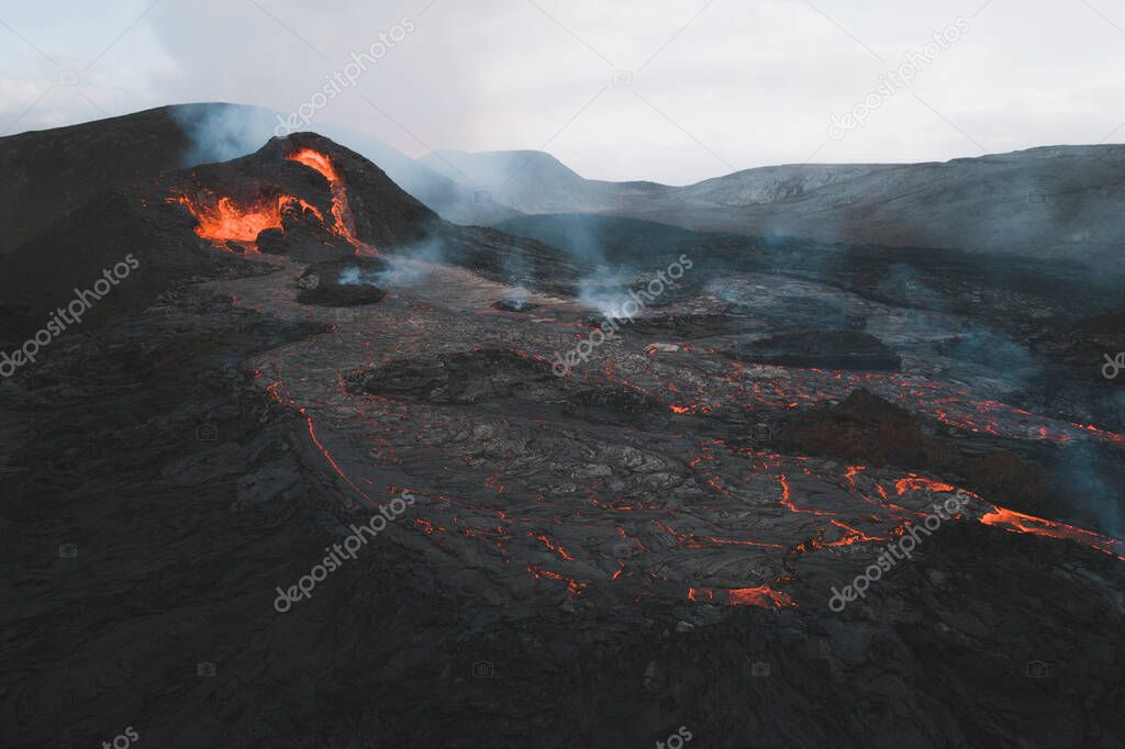 incandescent flowing volcanic lava in cenital view