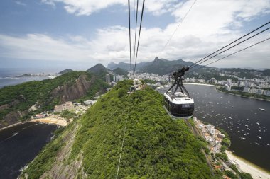 Brezilya Rio de Janeiro 'daki Sugar Loaf teleferiğine, okyanusa ve yeşil yağmur ormanlarına güzel bir manzara