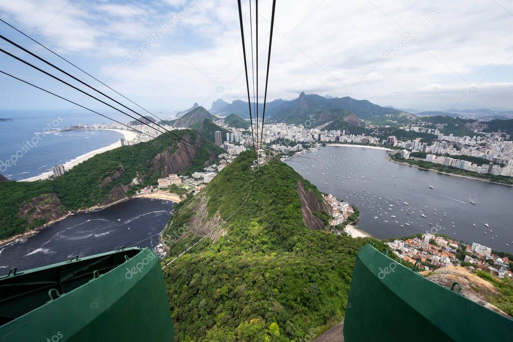 Beautiful view to Sugar Loaf cable car, ocean and green rainforest mountains in Rio de Janeiro, Brazil