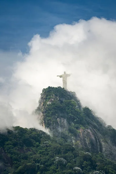 Hermosa Vista Cristo Redentor Estatua Montaña Verde Selva Tropical Río —  Fotos de Stock