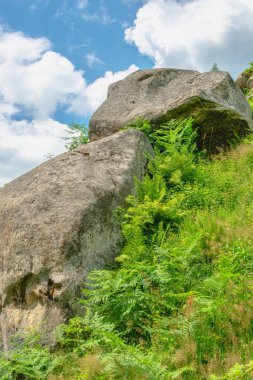 Tustan, Ukrayna 09.07.2021. Ukrayna, Tustan 'da eski bir Rus uçurum kenarı savunma kompleksi, bir yaz günü.
