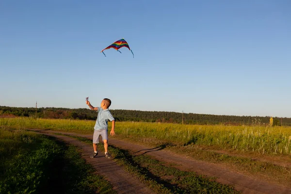 Bir çocuk elinde gökkuşağı uçurtmasıyla tarlaya doğru koşuyor.