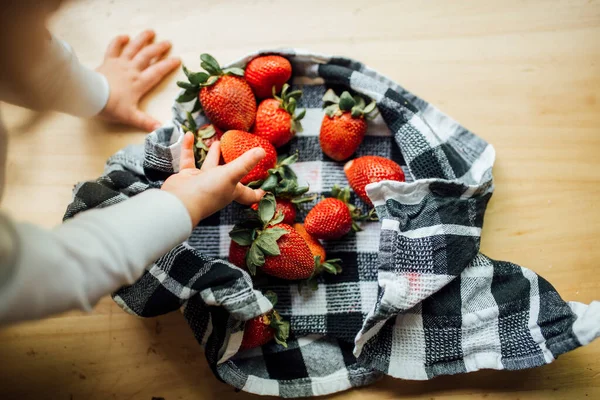 Kinderhand Met Aardbeien Handdoek — Stockfoto