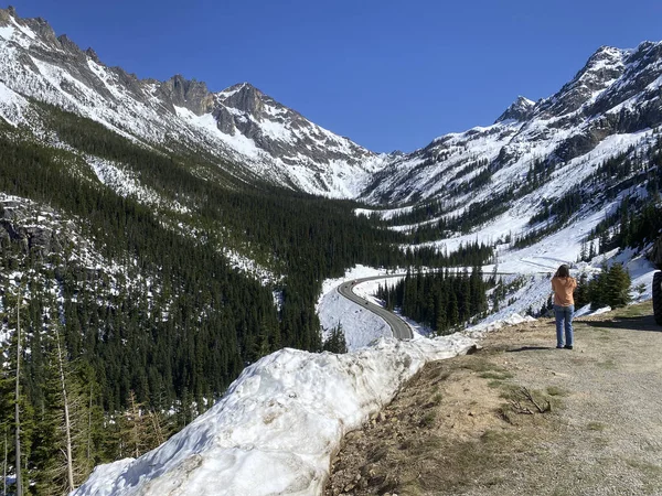 Mulher Tirando Foto Washington Pass Nas Cascatas Norte — Fotografia de Stock