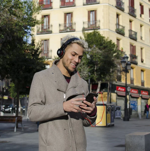 Young Man Headphones Listening Music City — Stock Photo, Image