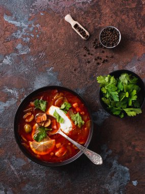 Geleneksel Rus çorbası solyanka closeup masada bir kasede.