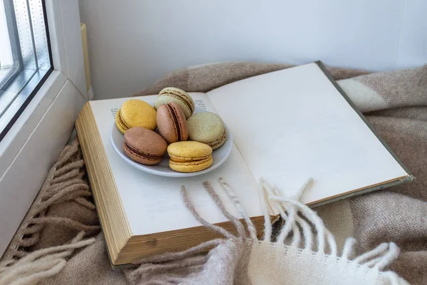 Macaroons Sobremesa Francesa Jazem Pires Livro Aberto Com Cobertor Xadrez — Fotografia de Stock