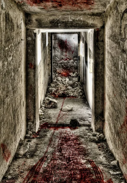 Couloir Sous Sol Menant Par Porte Avec Plancher Murs Éclaboussés — Photo