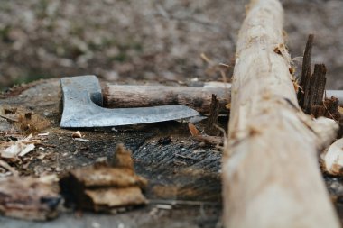 Yakacak odun bulmak için baltayla kesilmiş odun parçalarını yakın.