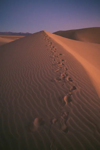 Fußabdrücke Und Textur Auf Einer Sanddüne Bei Sonnenuntergang — Stockfoto