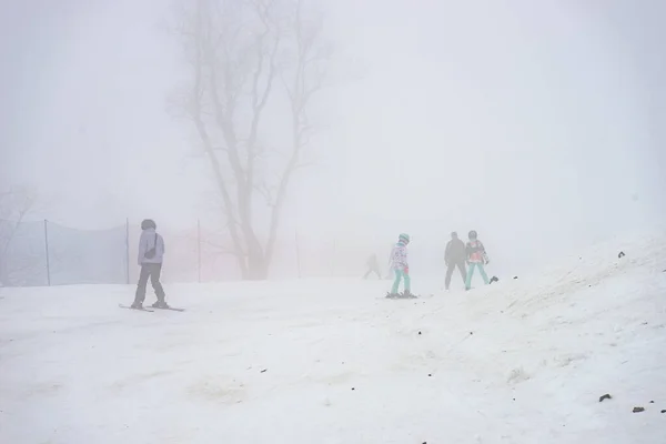 Лыжники Склонах Туманный День Курорте Бакуриани Грузии — стоковое фото