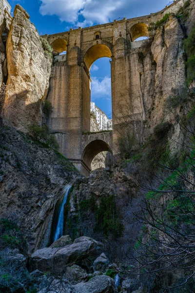 Vista Baixo Nova Ponte Ronda Malaga Espanha Conhecida Como Tajo — Fotografia de Stock