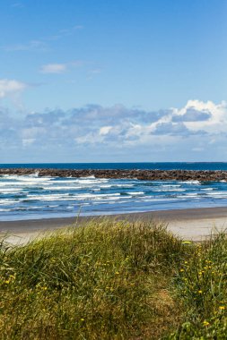 Dalgaların çarptığı boş bir sahil ve uzak bir deniz.