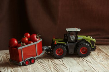 Domatesler bir karavanda oyuncak bir traktörle taşınır.