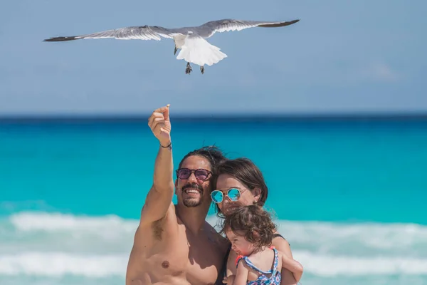 Família Latina Posando Para Uma Foto Alimentando Uma Gaivota — Fotografia de Stock