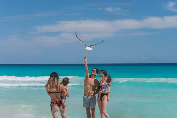 Young Latin Family Trying Feed Seagulls Air — Fotografia de Stock
