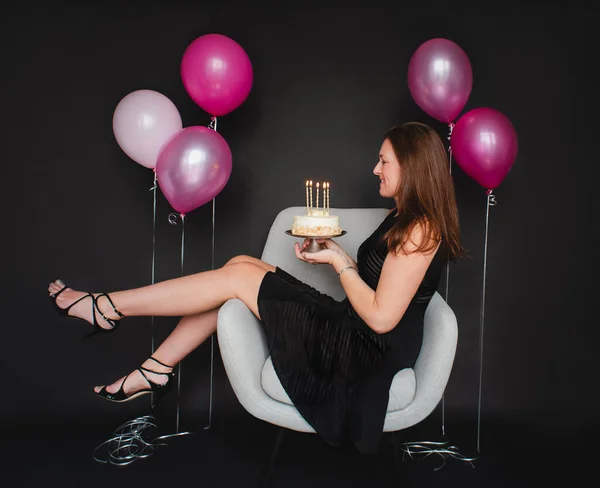Woman Black Dress Holding Birthday Cake Balloons Studio — Stock Photo, Image
