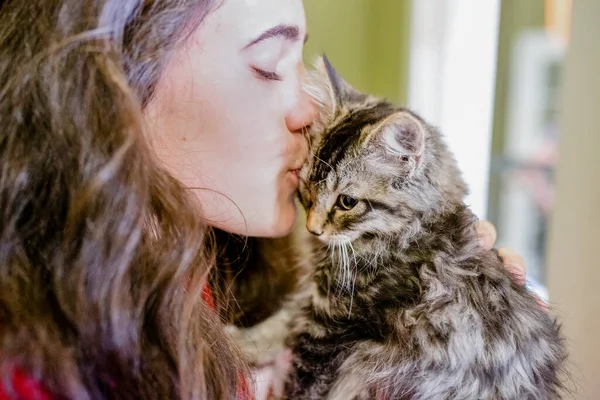 Brunette Teen Kisses Cute Fluffy Kitten — ストック写真