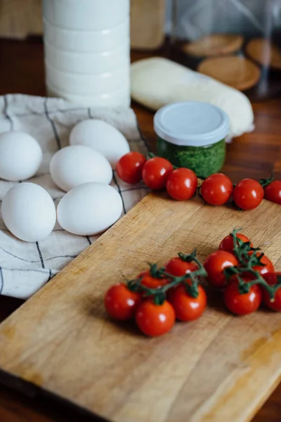 Ingredients Cooking Milk Eggs Tomatoes Cheese — Stok fotoğraf